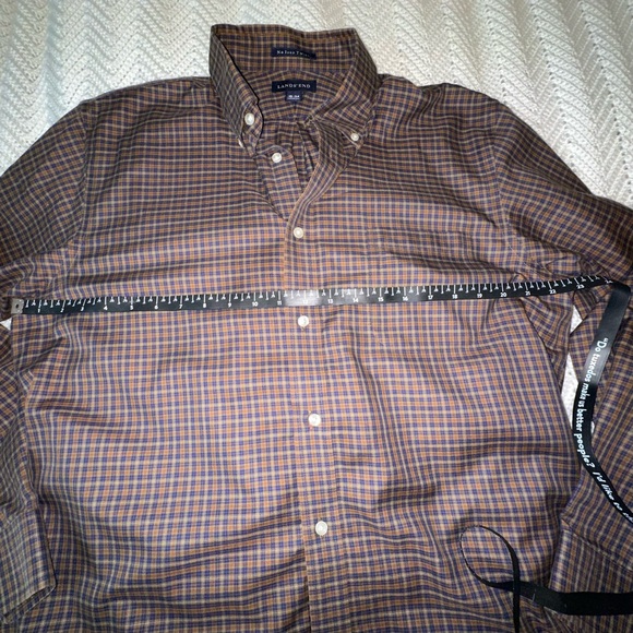 Men's Land's End No Iron Twill Brown/Blue Checkered Button Down - Size 16 - 34 - Picture 6 of 6